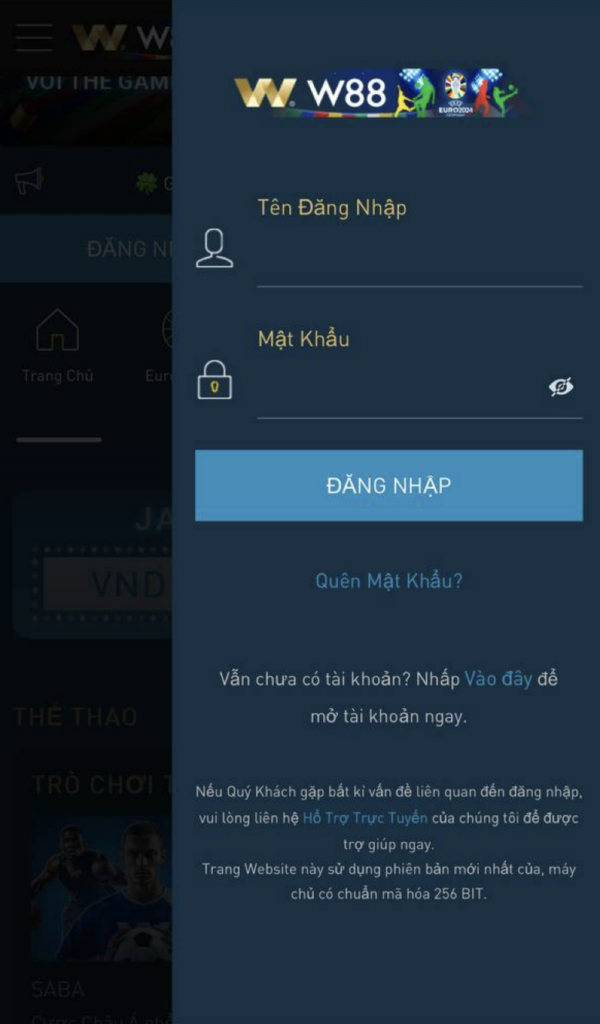 Đăng nhập W88 trên điện thoại